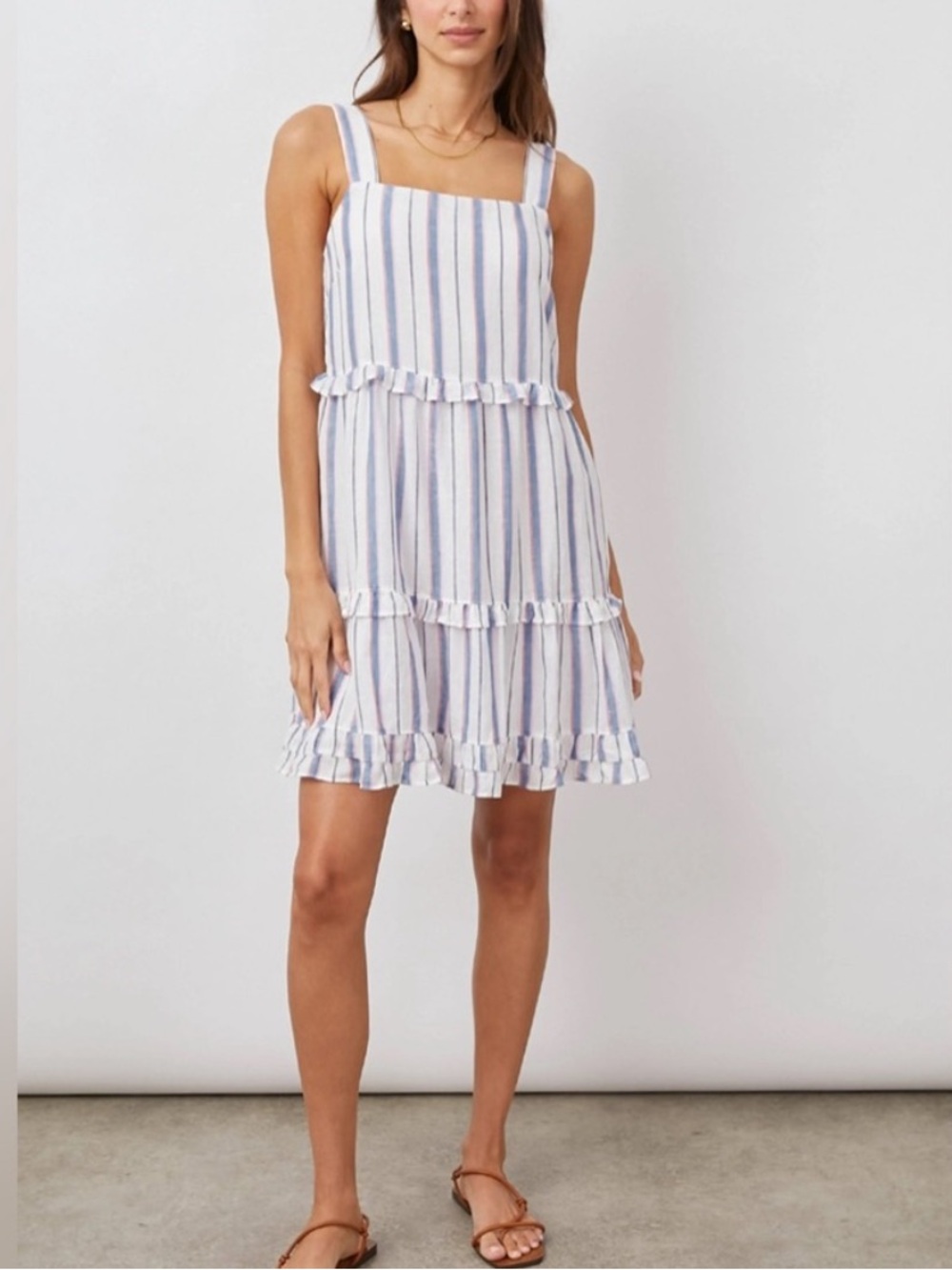 Rails Dress Womens Small Multicolor Stripe Linen Hi Low Tiered Ruffle Sundress